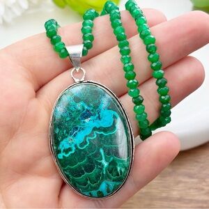 Malachite Chrysocolla Pendant Green Jade Necklace Vintage Southwestern Boho 925